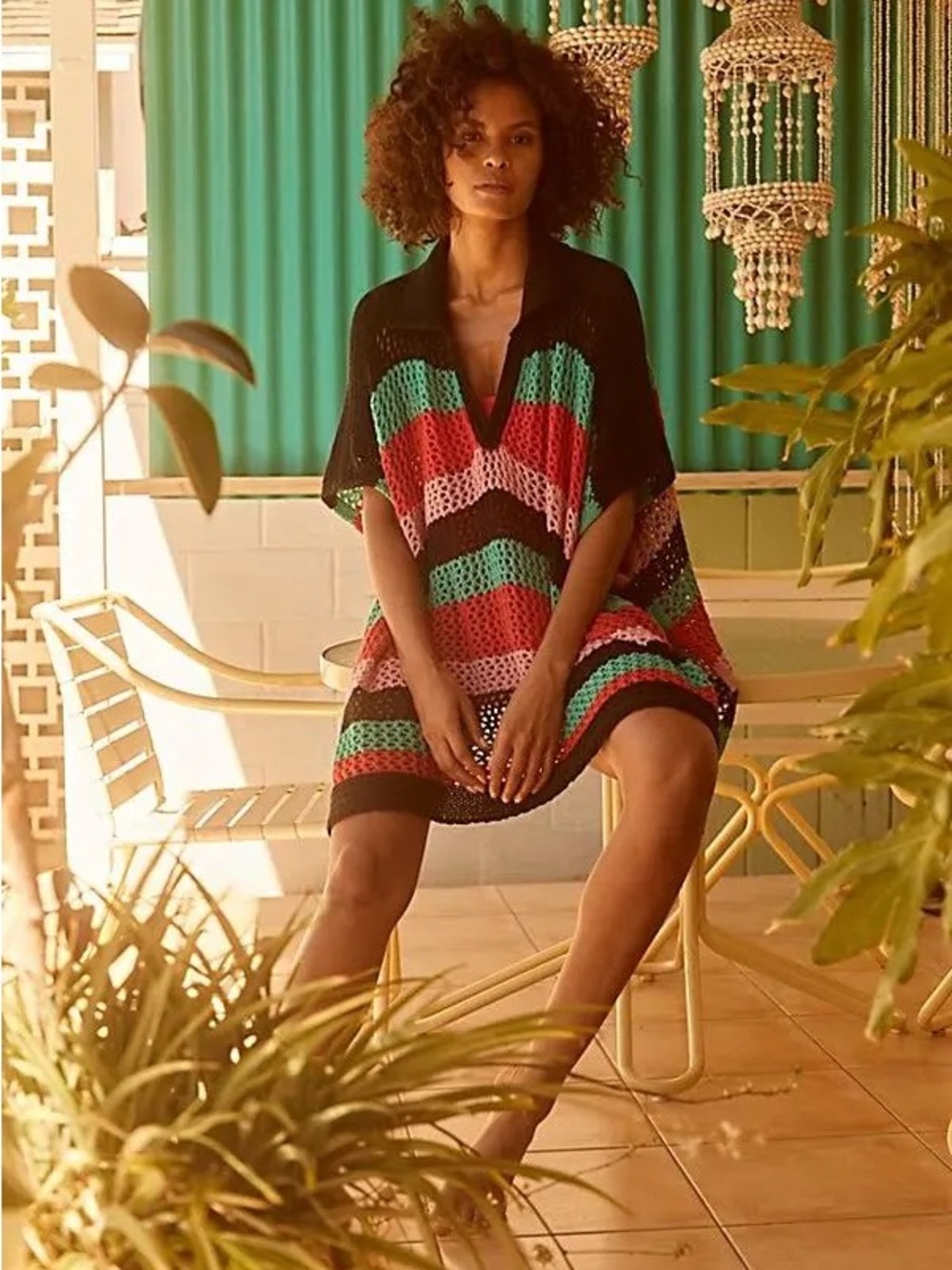Free People Striped Crochet Poncho in Red, Pink, Green & Black